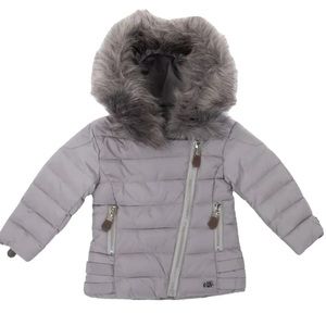 Cesare Paciotti 4US, Girls Quilted Winter Jacket, Grey with Fur Trim